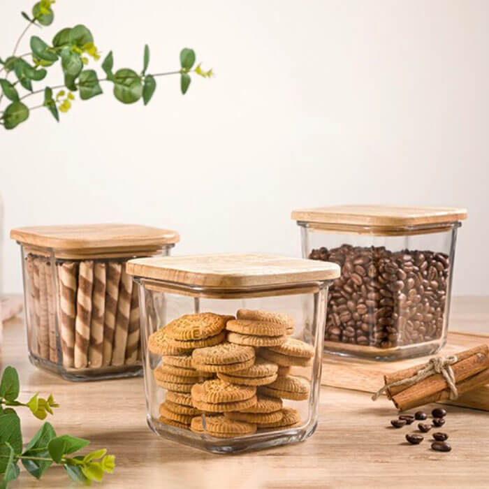 ظرف شیشه ای مربع 860 میلی لیتر درب چوبی