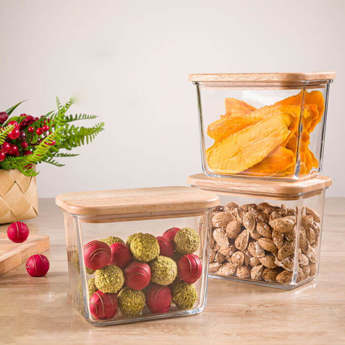 ظرف شیشه ای مستطیل 920 میلی لیتر درب چوبی